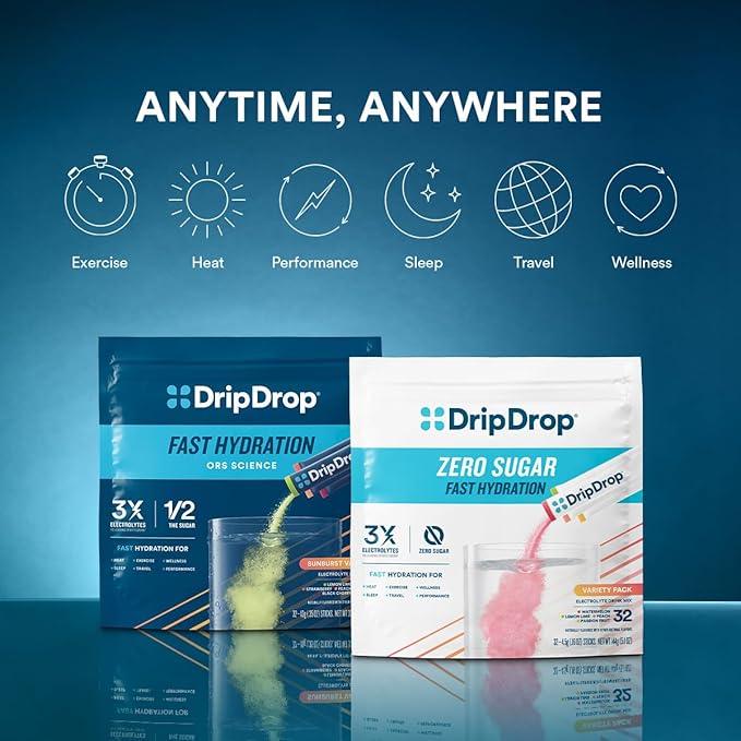 DripDrop Hydration Packets - Sunburst Variety Pack - Single Serve Electrolytes Powder Drink Mix - Lemon Lime, Strawberry, Peach, Black Cherry - Non-GMO, Gluten Free, Vegan - 32 Sticks