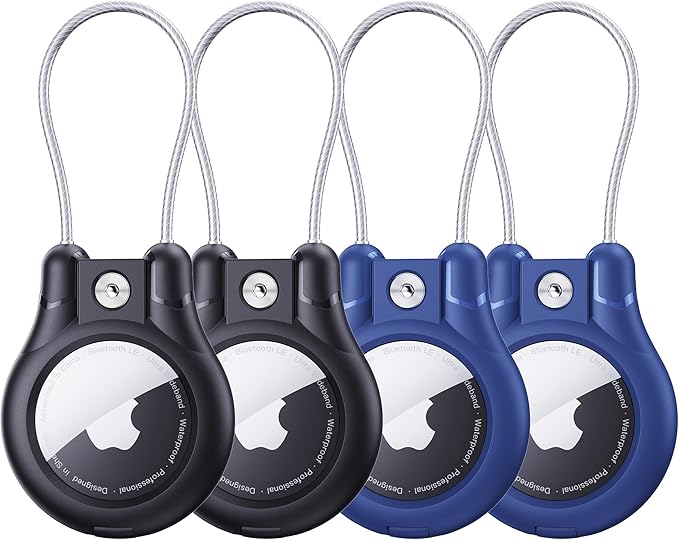 IPX8 Waterproof for AirTag Holder - 4 Pack Lock Case with Keychain for Apple AirTag 1st & 2nd Generation, Air Tag Keyring with Wire Cable, Secure AirTag Cover for Keys, Kids, Luggage, Bags, Pet Collar