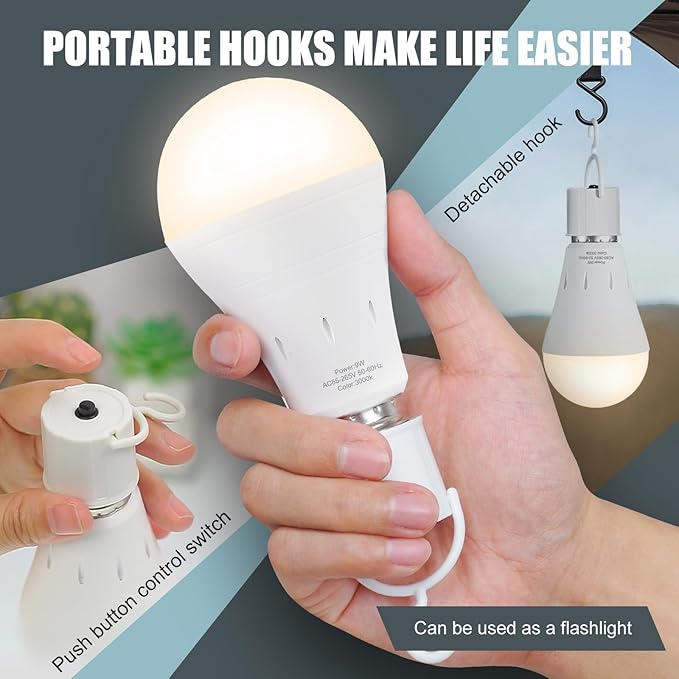 10Pack Rechargeable Emergency Light Bulb, A19 9W Warm White 3000K Self-Charging LED Light Bulb,1200mAh Battery Backup Light Bulbs for Daily,Home Emergency,Outdoor Portable Use