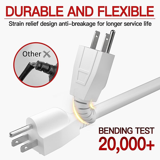 16/3 Indoor Extension Cord 25 FT 2 Pack, White Extension Cord Flexible & Durable, 3 Prong Power Cable, Suitable for Home and Office, 13 Amp 1625 Watt 125VAC 16AWG, ETL Listed