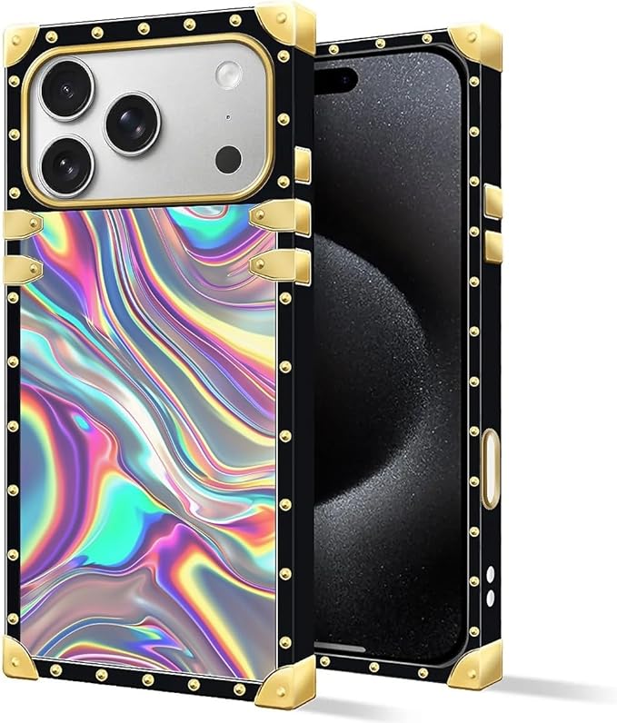 for iPhone 17 Pro Max Case Luxury Golden Decoration for Girl Women Soft TPU Shockproof Protective Hard PC Back for iPhone 17 Pro Max Crazy Pattern Holographic Abstract Iridescent Textures