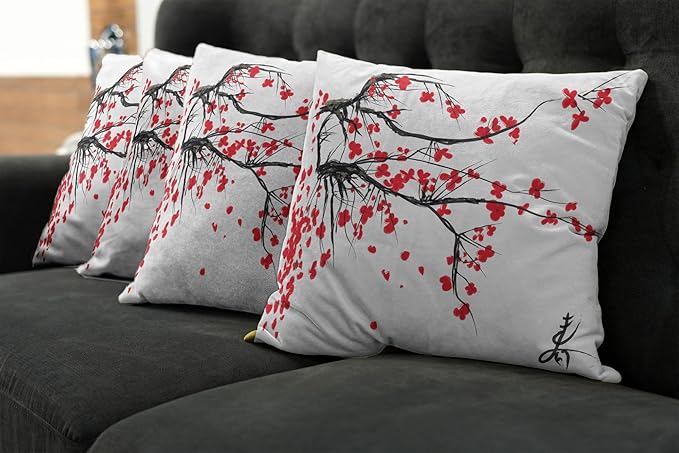 Ambesonne Nature Throw Pillow Cushion Case Pack of 4, Sakura Blossom Japanese Cherry Tree Garden Summertime Vintage Cultural Print, Modern Accent Double-Sided Digital Printing, 16", Grey Vermilion
