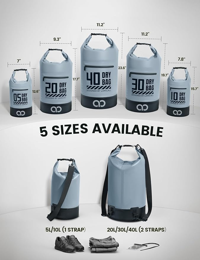 Lamicall Waterproof Dry Bag with Phone Pouch, Floating Roll Top Backpack, 20L, Grey