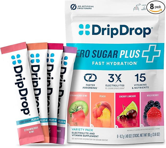 DripDrop Zero Sugar Plus - Sugar Free Hydration Packets - Single Serve Electrolytes Powder Drink Mix - Strawberry Kiwi, Peach, Cherry Limeade, Wild Berry - Non-GMO, Vegan - 8 Sticks