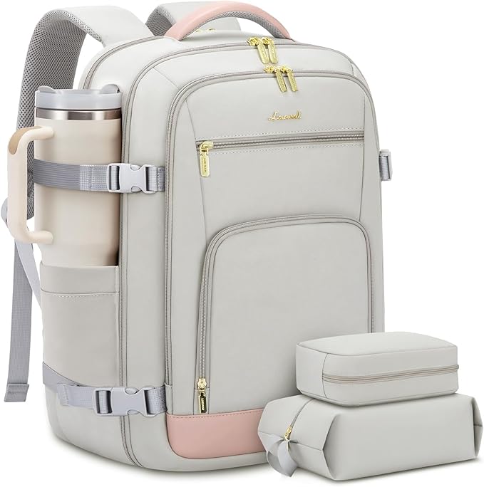 LOVEVOOK Travel Backpack For Women, 40L Carry On Backpack Flight Approved, TSA Personal Item Travel Bag Fits 17 Inch Laptop, Business Weekender Overnight Waterproof Daypack With 2 Cubes, Grey-Pink