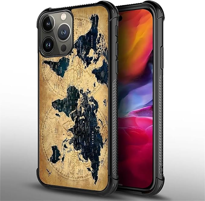 for iPhone 15 Pro Case, Brown World Map Pattern Graphic Design Girl Boy Soft Silicone Hard Acrylic Shock Protection for iPhone 15 Pro