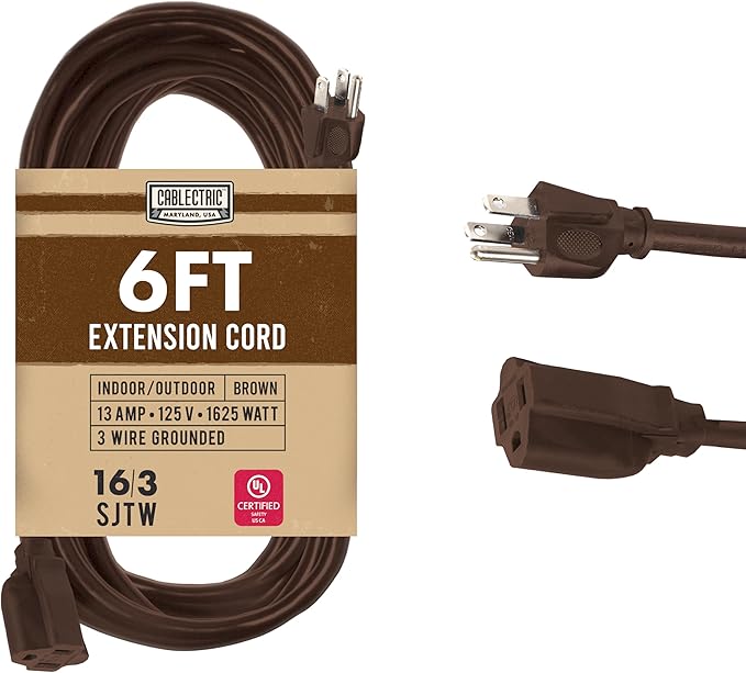 Brown Outdoor Extension Cord 6 Ft, 16/3 Heavy Duty Cable with 3 Prong Grounded Plug, 13 AMP for Garden, Lawn, Landscaping, Tools & Appliances, 6 Ft Extension Cord 3 Prong