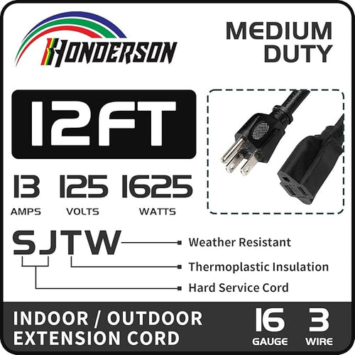 12FT 16/3 Outdoor Extension Cord - 16 Gauge 3 Prong SJTW Black Extension Cord for Christmas Lights with 3 Prong Grounded Plug for Safety, Great for Outdoor Decorations, UL Certified