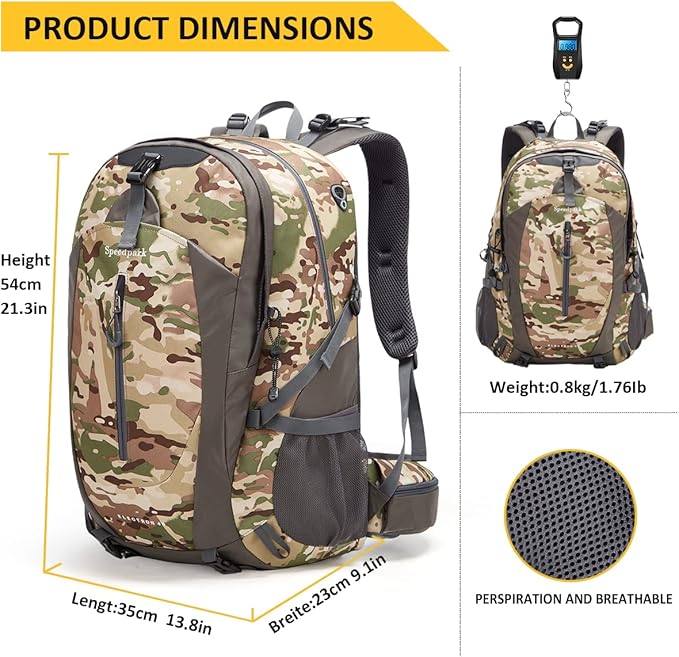SPEEDPARK Hiking Backpack 40L Waterproof Hiking Daypack with Rain Cover, Outdoor Trekking Travel Backpacks for Men Women