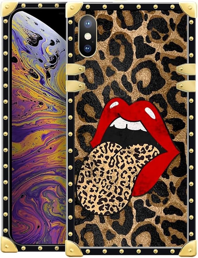 Compatible with iPhone XR Case, Brown Leopard Print Mouth Luxury Golden Decoration for Girl Women Soft TPU Shockproof Protective Hard PC Back for iPhone XR