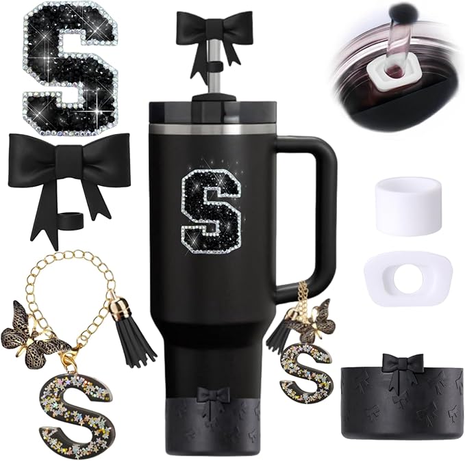 6pcs Black Stanley Cup Accessories Set, Bow Straw Topper for Stanley Cup 30oz 40oz, Including Straw Topper and Bow Silicone Boot, Stoppers Spill Proof, Handle Charm, Initials Sticker