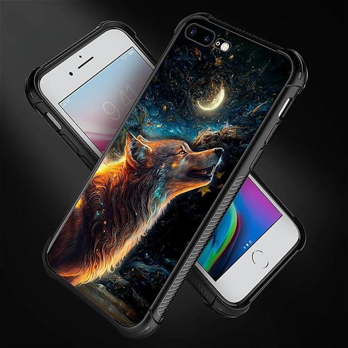 for iPhone 7 Plus/8 Plus Case, Star Cave Hungry Wolf Pattern Graphic Design, Soft Silicone Hard Acrylic Shock Protection