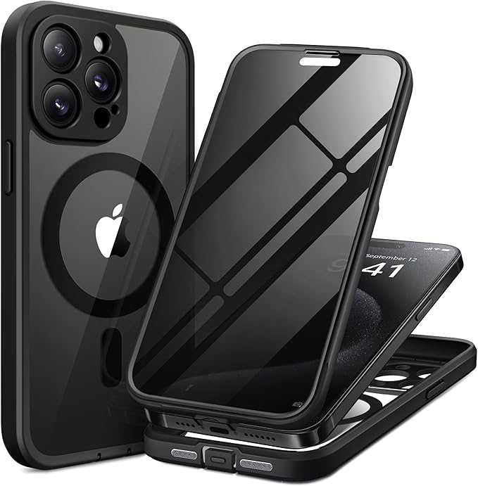 TIESZEN for iPhone 15 Pro Max Case, Compatible with MagSafe, Built-in Privacy Screen Protector and Camera Protection, Anti Spy Full Body Dustproof Shockproof Hard Phone Case 6.7", Black