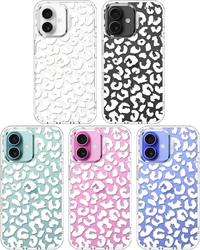 MOSNOVO Case for iPhone 16, [Buffertech 6.6ft Military-Grade Drop Protection] [Anti Peel Off Tech] Clear TPU Bumper Phone Case Cover Design - White Leopard Print