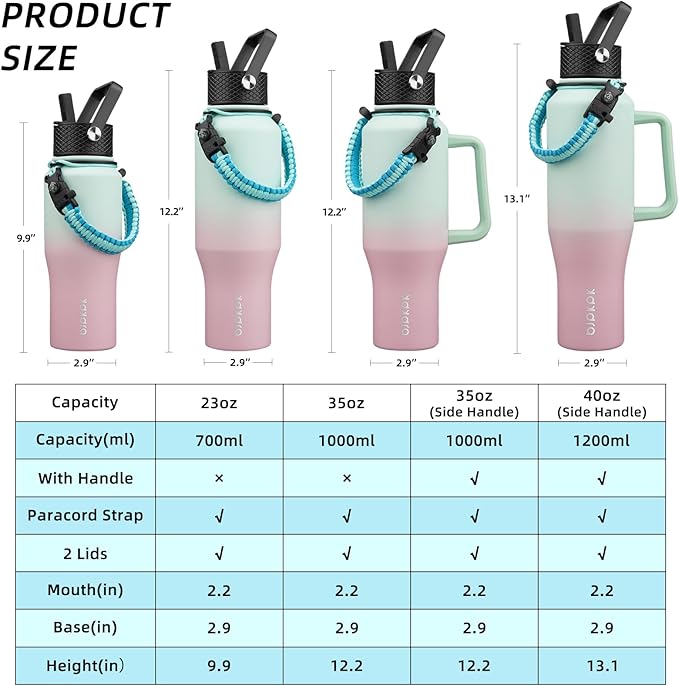 BJPKPK Insulated Water Bottles with Straw Lid, 40oz Metal Water Bottle with 2 lids & Paracord Strap, Double Wall Stainless Steel Tumbler with Handle, Reusable Cups, Mugs, Thermo, Marshmallow