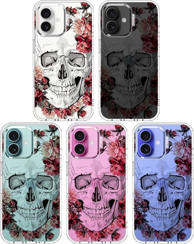 MOSNOVO Case for iPhone 16 Plus, [Buffertech 6.6ft Military-Grade Drop Protection] [Anti Peel Off Tech] Clear TPU Bumper Phone Case Cover Design - Red Flower Skull