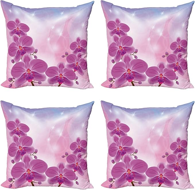 Ambesonne Floral Throw Pillow Cushion Case Pack of 4, Exotic Orchid Flowers Flourishing on Abstract Background Circles Stars, Modern Accent Double-Sided Digital Printing, 20", Pink Purple