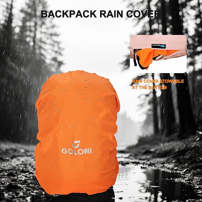 Goloni 45L Hiking Backpack Lightweight Foldable, Waterproof Camping Backpack with Rain Cover & Hiking Pole Mat Carrying System, Ergonomic Water Resistant Daypack for Trekking Travel Men Women Pink
