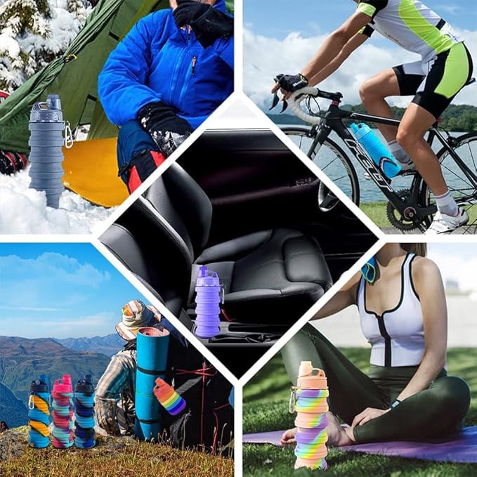 Collapsible Water Bottles 4 pack Travel Water Bottle Portable Hiking Water Bottle with Leak proof Twist Cap 500ML Reusable BPA Free Silicone Water Bottles. (Black+Purple+Blue+Pink)