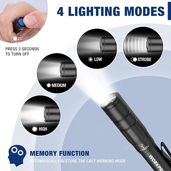 WORKPRO Rechargeable Pen Light, Mini Flashlight, 2 Pack Ultra-Compact EDC Flashlight, Pocket Flashlight with Clip, Memory Function and 2 x USB C Cable Included, Black