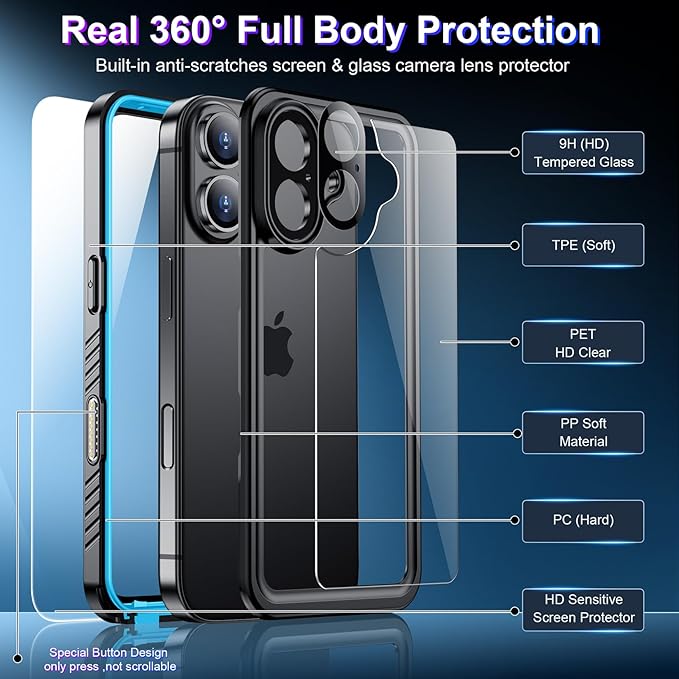 2025 New Designed for iPhone 16 Case Waterproof, [Built-in Screen Protector & Glass Camera Protector][Full Body Shockproof][IP68 Underwater][Dustproof][Dropproof] Phone Case for iPhone 16 6.1"