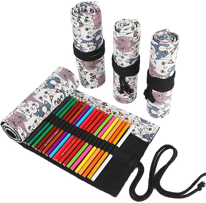 Funny live 24/36/48/72 Slots Colored Pencil Wrap Roll up Pen Holder Case Drawing Coloring Pencil Roll Organizer Stationery Case for Student Artist Traveler (Big-Head Cats, 36 Slots)
