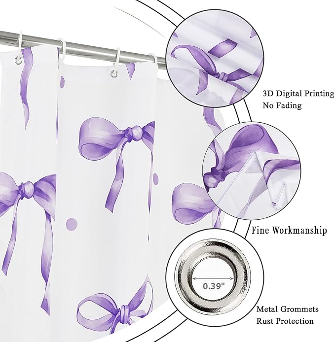 Purple Bow Shower Curtain, Purple and White Modern Aesthetic Bowknot with Polka Dot Cute Girly Bathroom Curtain Waterproof Fabric Machine Washable with Hooks, 72" Wx78 L