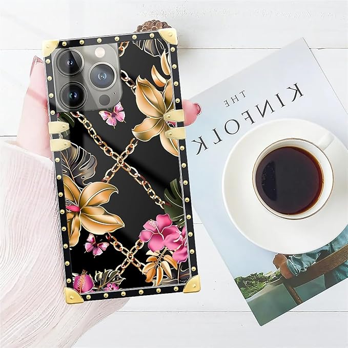 Compatible with iPhone 14 Pro Max Case, Pink Golden Chain Tropical Flower Luxury Golden Decoration for Girl Women Soft TPU Shockproof Protective Hard PC Back for iPhone 14 Pro Max