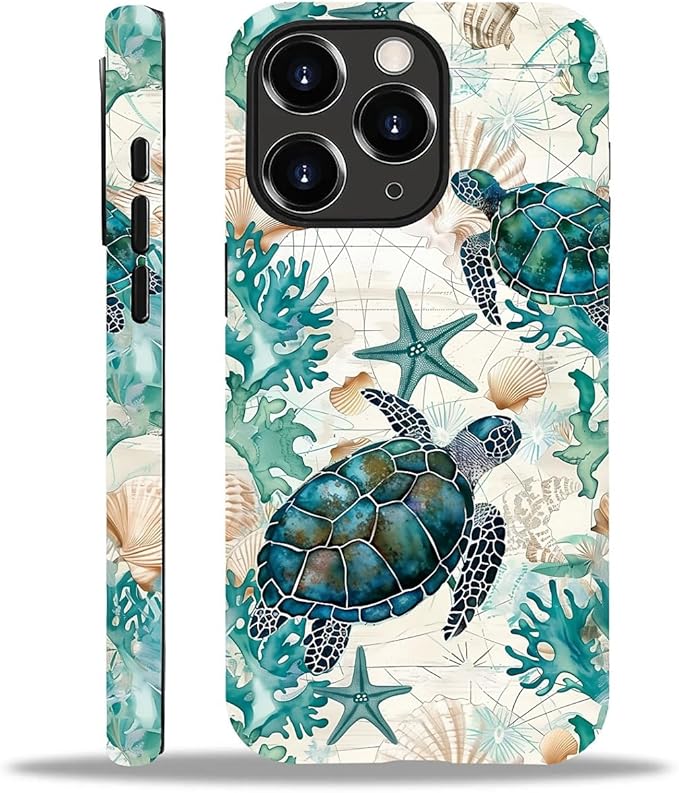 for iPhone 11 Pro Case,HH2 Ocean Sea Turtle Nautical Map Hybrid 2 Layer Hard Shell Silicone Protective Pattern Design Case
