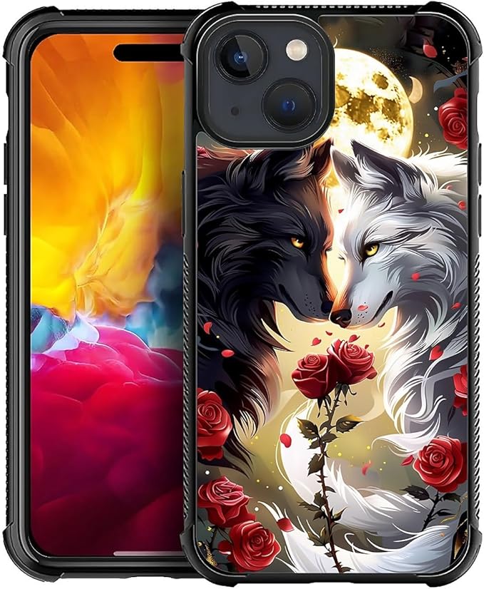 for iPhone 15 Case, Black White Wolf Moon Flower Rose Pattern Graphic Design Girl Boy Soft Silicone Hard Acrylic Shock Protection for iPhone 15