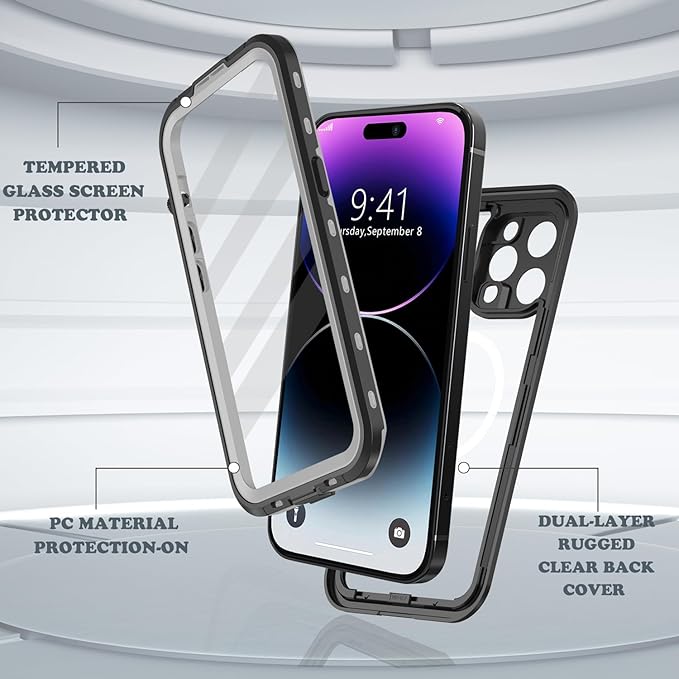 for iPhone 14 Pro Case Waterproof, [Shockproof] [Dustproof] [IP68 Waterproof] Full-Body Hard Case Built-in [Lens Screen Protection] for Diving Case (Black, for iPhone 14 Pro 6.1in)