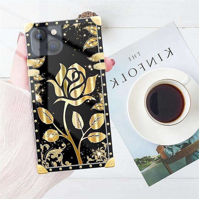Compatible with iPhone 13 Case, Shine Gold Rose Luxury Golden Decoration for Girl Women Soft TPU Shockproof Protective Hard PC Back for iPhone 13