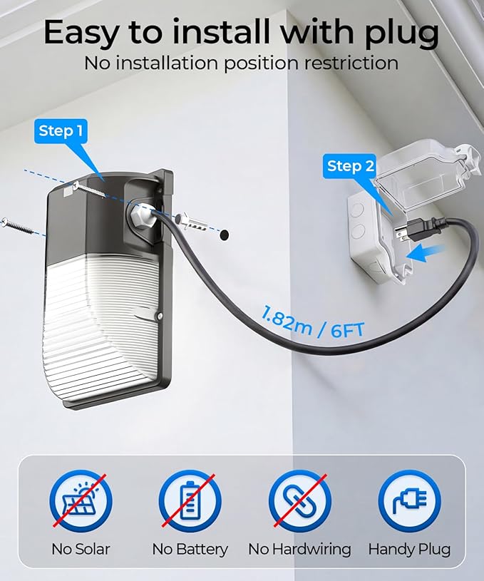 CINOTON 30W Plug in LED Wall Pack Light with Dusk to Dawn Sensor, 3600LM, 5000K Daylight [120Vac] Outdoor Wall Lights IP65 Waterproof LED Security Flood Lighting for Garage Warehouse with 6Ft US-Plug