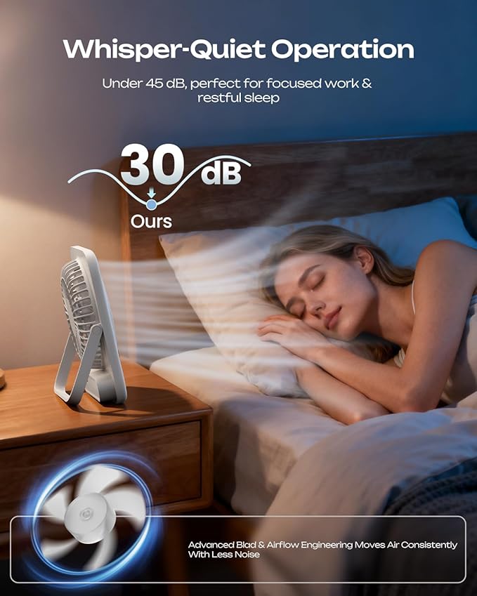 Otlonpe Personal Portable Desk Fan, 4000mAh Small Rechargeable Portable Fan Battery Operated & USB Powered for Travel Sleeping Bedroom Office Home Table, Cordless, Quiet, 4-Speed, 6.5 Inch (White)