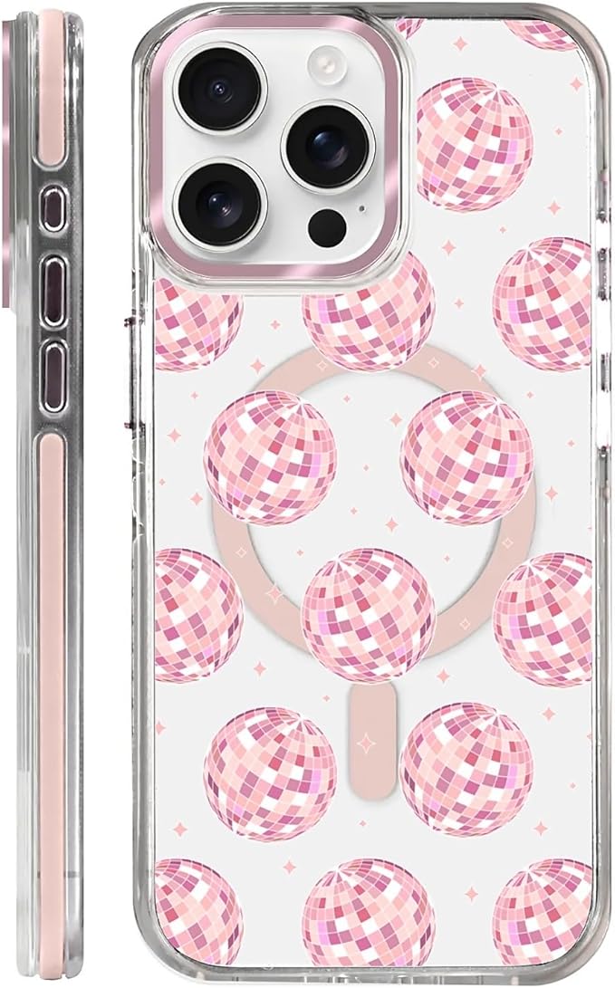 Case for iPhone 14 Pro Max,[Compatible with MagSafe],Disco Balls Pink Phone Case Design，for Women Girls Magnetic Clear Cover - Slim, Sleek, & Shockproof Protection
