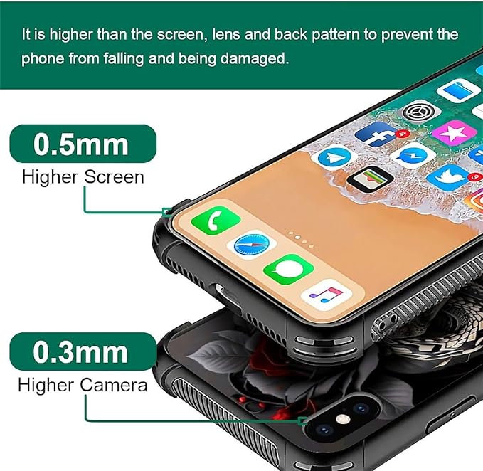 for iPhone Xs Max Case, Entwined Rose Snake Pattern Graphic Design Girl Boy Soft Silicone Hard Acrylic Shock Protection for iPhone Xs Max