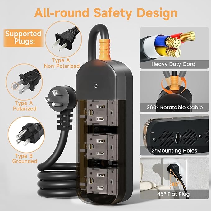 Outdoor Power Strip Weatherproof 10 FT Extension Cord Waterproof Surge Protector Power Strip, 3 AC Outlets, 1625W Overload Protection, for Camping, Home, Office, Garden, FCC UL Listed