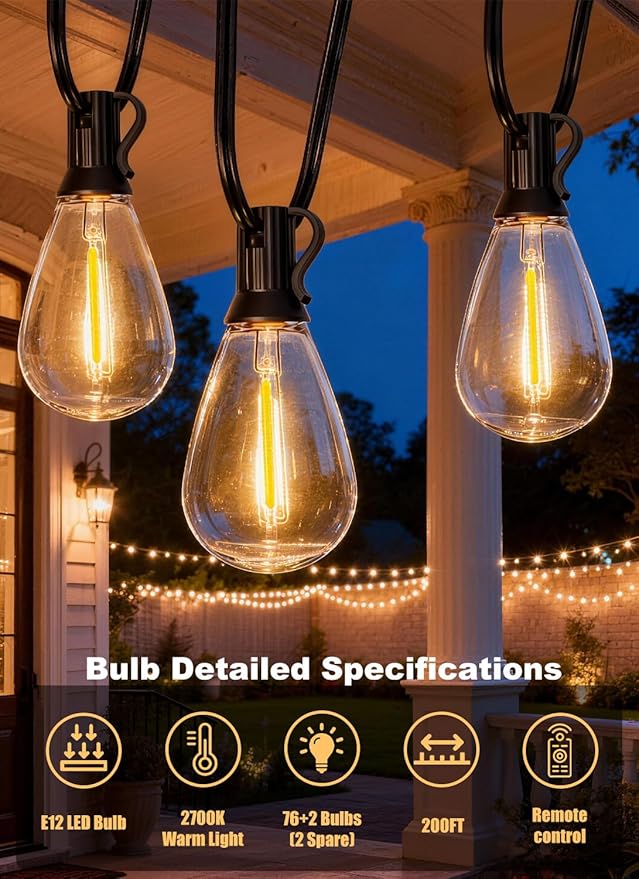 200FT Outdoor String Lights Waterproof, 76+2 Shatterproof S11 LED Bulbs, Extra Long Patio Lights for Outside, Bistro Cafe Decor, Backyard Garden Hanging Lights, Outside Fence Light String