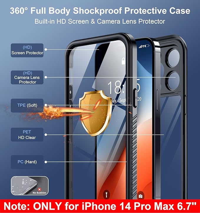 SPIDERCASE Only Designed for iPhone 14 Pro Max Case Waterproof [12FT Military Dropproof] [Built-in Screen Protector] [IP68 Underwater] Full Body Shockproof Protective Phone Case 6.7'' 2022, Black