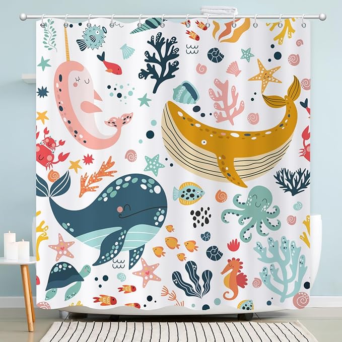 Kids Whale Shower Curtain, Funny Cute Ocean Fish Cartoon Sealife Under Sea Coral Starfish Bath Curtain Waterproof Fabric Machine Washable with Hooks, 48" Wx72 L