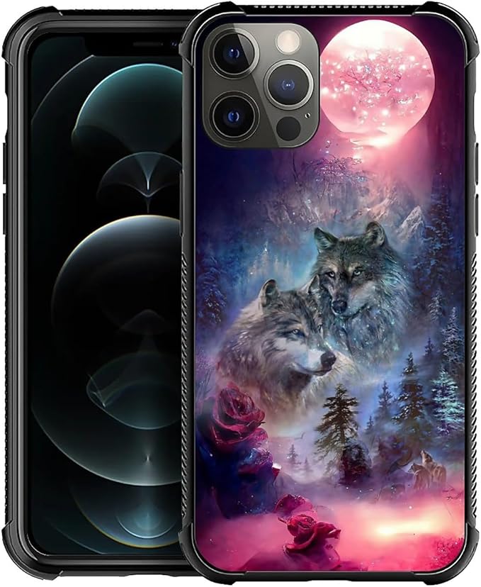 for iPhone 11 Pro Max Case, Star Two Wolfs Howling Pattern Graphic Design Girl Boy Soft Silicone Hard Acrylic Shock Protection for iPhone 11 Pro Max