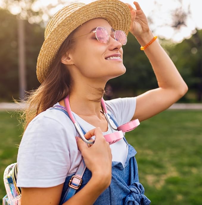 Portable Neck Fan Rechargeable Personal Hand-Free Fan Mini USB Wearable Neckband Sport Fan, 3 Speed Adjustable, 360 Degrees Free Rotation Perfect for Working, Traveling, Office, Reading (Pink)
