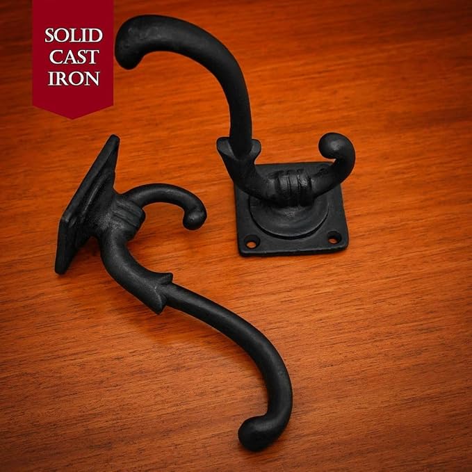 Mystic Colonial Medieval Wall Hooks Hand-Forged (Set of 2) Black Coated | Rustic Heavy-Duty Hangers for Coats, Cloaks, Keys & Home Decor