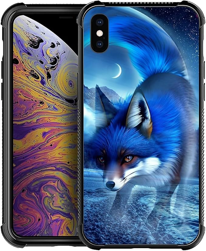 for iPhone Xs Max Case, Snowy Mountain Fox Lake Pattern Graphic Design Girl Boy Soft Silicone Hard Acrylic Shock Protection for iPhone Xs Max