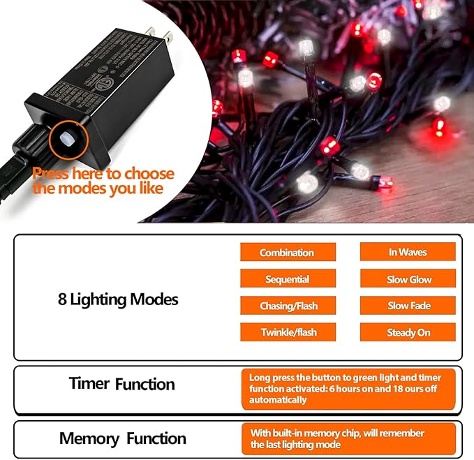 75.8 FT 200 LED Red and White Christmas Lights Outdoor Indoor, Timer & Memory Function & 8 Modes, Extendable Green Wire, Waterproof Fairy Twinkle Lights for Xmas Tree Holiday Party Garden Yard Decor