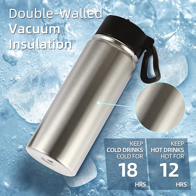 Volhoply 18oz Insulated Water Bottle Bulk 2 Pack,Kids Stainless Steel Water Bottles with Straw,Double Wall Vacuum Metal Water Bottle,Reusable Sports Water Flask For Cold Drink(Silver,2 Set)