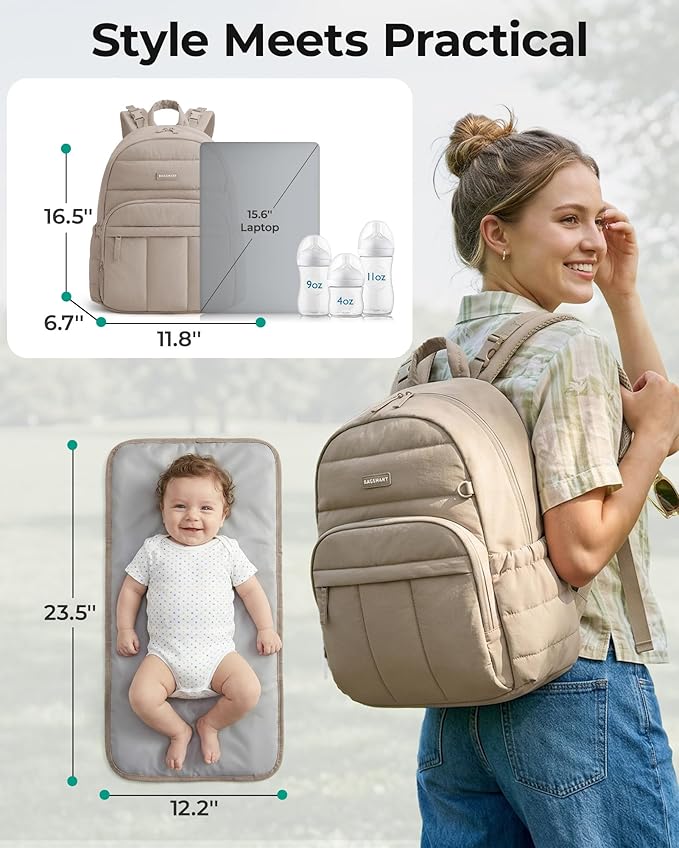 BAGSMART Diaper Bag Backpack, Multi-Pocket Puffy Diaper Bag with Waterproof Changing Pad, Lightweight Stroller-Friendly Diaper Bag with Insulated Pockets, Easy-Access Baby Essential, Green