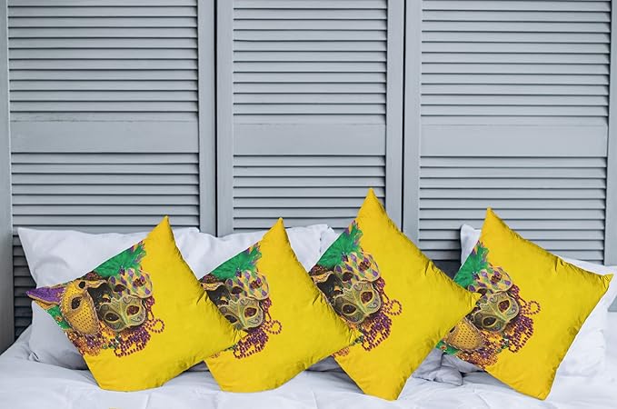 Ambesonne Mardi Gras Decorative Throw Pillow Case Pack of 4, Colorful Group of Venetian Carnivals Accessories, Cushion Cover for Couch Living Room Car, 18", Purple Yellow