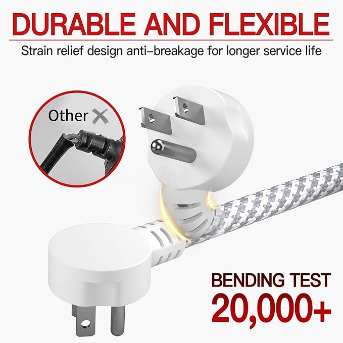 16/3 Flat Plug Braided Extension Cord 3 FT, Indoor 3 Prong Grounded Low Profile Extension Wire Flexible, Suitable for Home and Office, 13 Amp 1625 Watt 125VAC 16AWG, ETL Listed