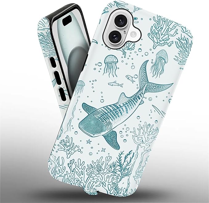 for iPhone 16 Plus Case,HH2 Ocean Whale Shark Hybrid 2 Layer Hard Shell Silicone Protective Pattern Design Case
